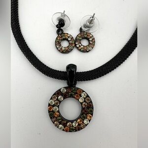 Cookie Lee Shades of Brown Crystals with Black Chain Necklace and Earring Set